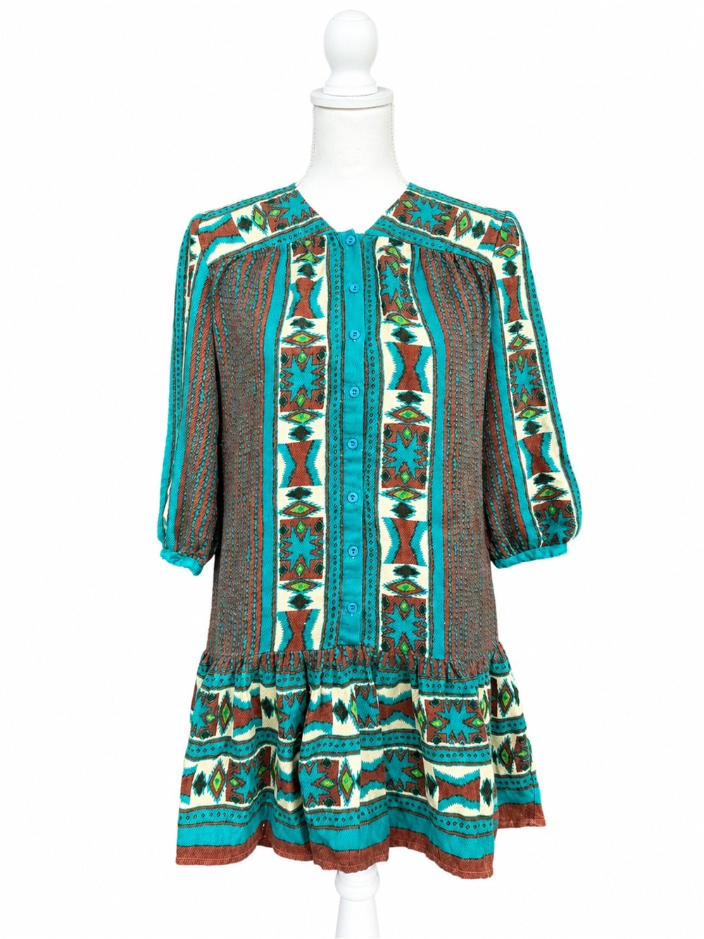 Free People Boho Turquoise & Brown Patterned Button Front Tunic Dress Size Xs